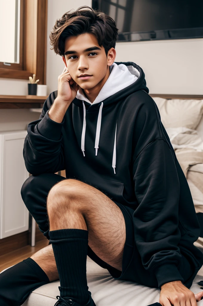 Cute boy in thigh-highs and oversized hoodie