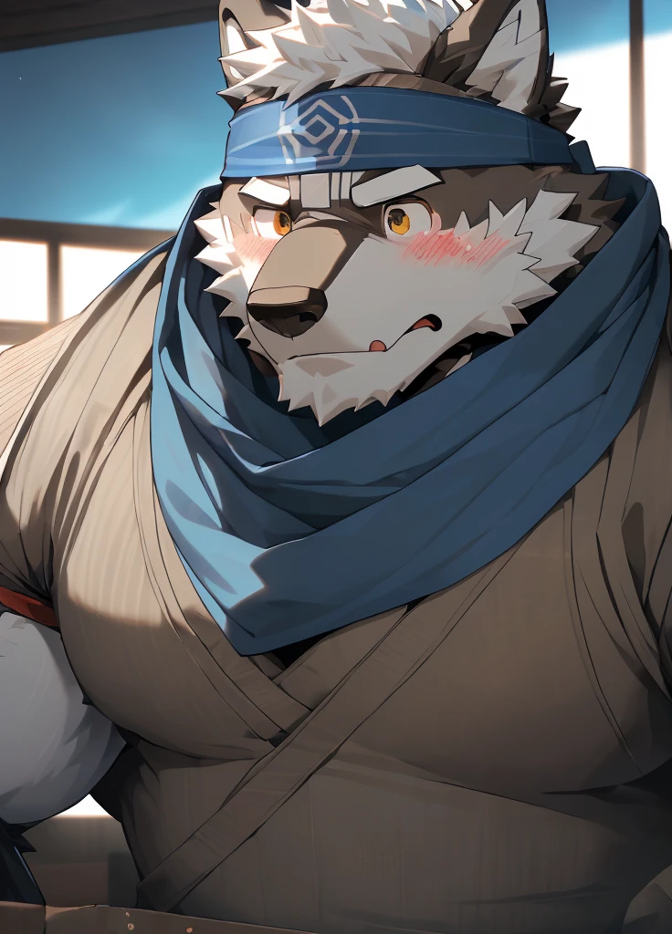 (masterpiece),(Very detailed),(best quality),hairy,Wolf,Dark black fur,white hair,Black eyebrows,Gray pupil,Muscular,(Japan samurai attire),((blue scarf)),((Brown headband)),(blush:1.1),((Stunned expression:1.3)),((Loading Symbols)),((Ultra HD close-up:1.4)),8K,(high quality),(Ultra high quality),(Super detailed),(Best Works)
