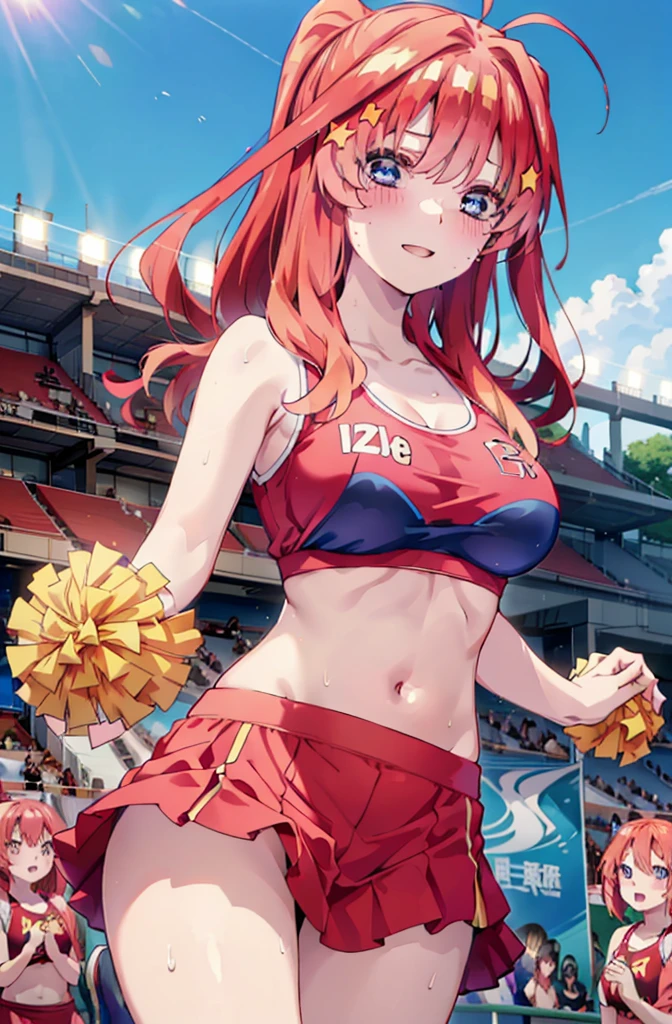 itsukinakano, Itsuki Nakano, bangs, blue eyes, hair between eyes, Ahoge, Redhead, star \(symbol\), happy smile, smile, Open your mouth,hair ornaments, star hair ornaments,(cheer leading), (whole body), Big Breasts, Lower, (Sweaty), Sweaty Wet Clothes (Red clothes),  No sleeve,Belly button support, playground, (Jump), (Jump), 足を曲げてJumpする, air, blue sky, Grass原, smileのチアリーダー, Pom-pom \(cheer leading\), Grass, whole bodyがイラストに入るように,crowd, people々々,
break outdoors, Stadium,
break looking at viewer, whole body,
break (masterpiece:1.2), Highest quality, High resolution, unity 8k wallpaper, (shape:0.8), (Fine and beautiful eyes:1.6), Highly detailed face, Perfect lighting, Highly detailed CG, (Perfect hands, Perfect Anatomy),