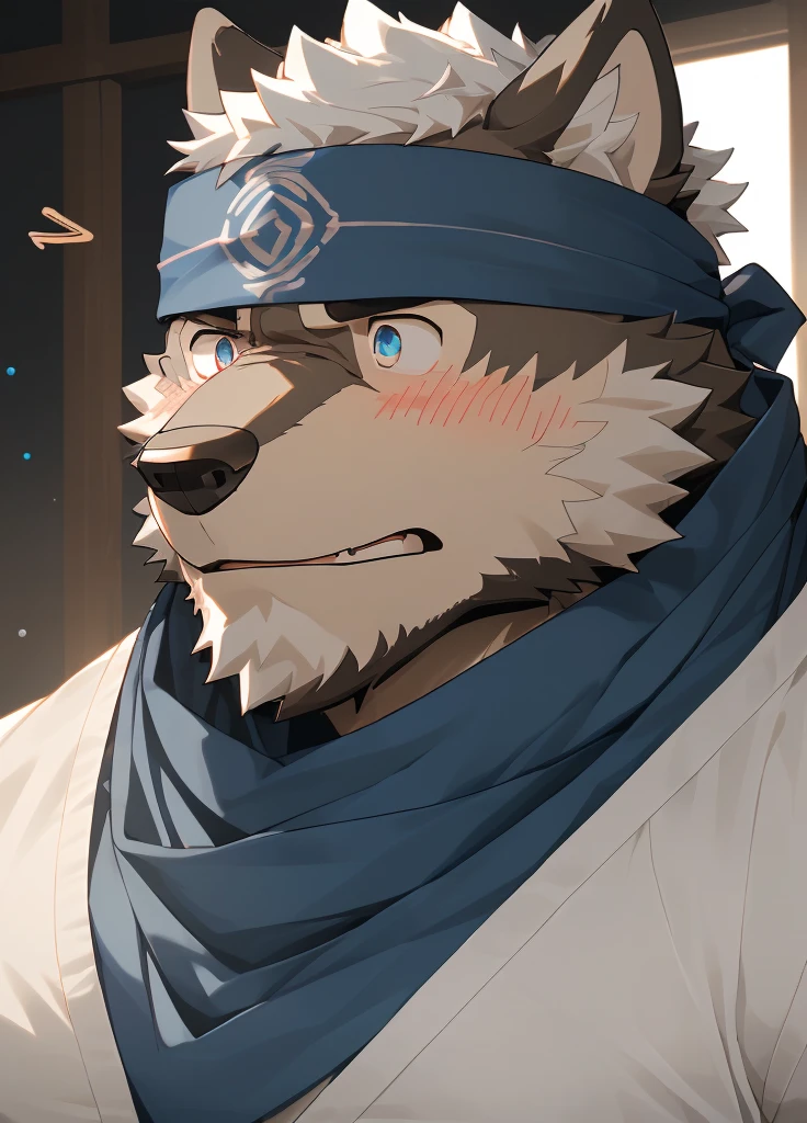 (masterpiece),(Very detailed),(best quality),hairy,Wolf,Dark black fur,white hair,Black eyebrows,Gray pupil,Muscular,(Japan samurai attire),((blue scarf)),((Brown headband)),(blush:1.1),((Stunned expression:1.3)),((Loading Symbols)),((Ultra HD close-up:1.4)),8K,(high quality),(Ultra high quality),(Super detailed),(Best Works)