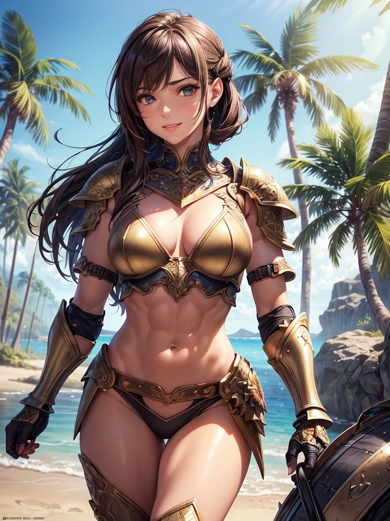 ,(best quality, ultra-detailed, realistic:1.37, masterpiece:1.2), woman, beautiful detailed eyes, beautiful detailed lips, brown hair tied up, smile, bikini armor, (muscular body:1.1),slim figure, caustics, textile shading, toned body, clean abs, palm trees swaying, Highly detailed colorful fancy armor and gauntlets,,desert