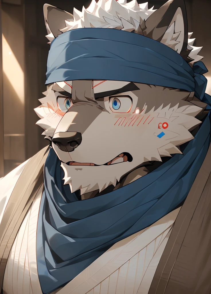 (masterpiece),(Very detailed),(best quality),hairy,Wolf,Dark black fur,white hair,Black eyebrows,Gray pupil,Muscular,(Japan samurai attire),((blue scarf)),((Brown headband)),(blush:1.1),((Stunned expression:1.3)),((Loading Symbols)),((Ultra HD close-up:1.4)),8K,(high quality),(Ultra high quality),(Super detailed),(Best Works)