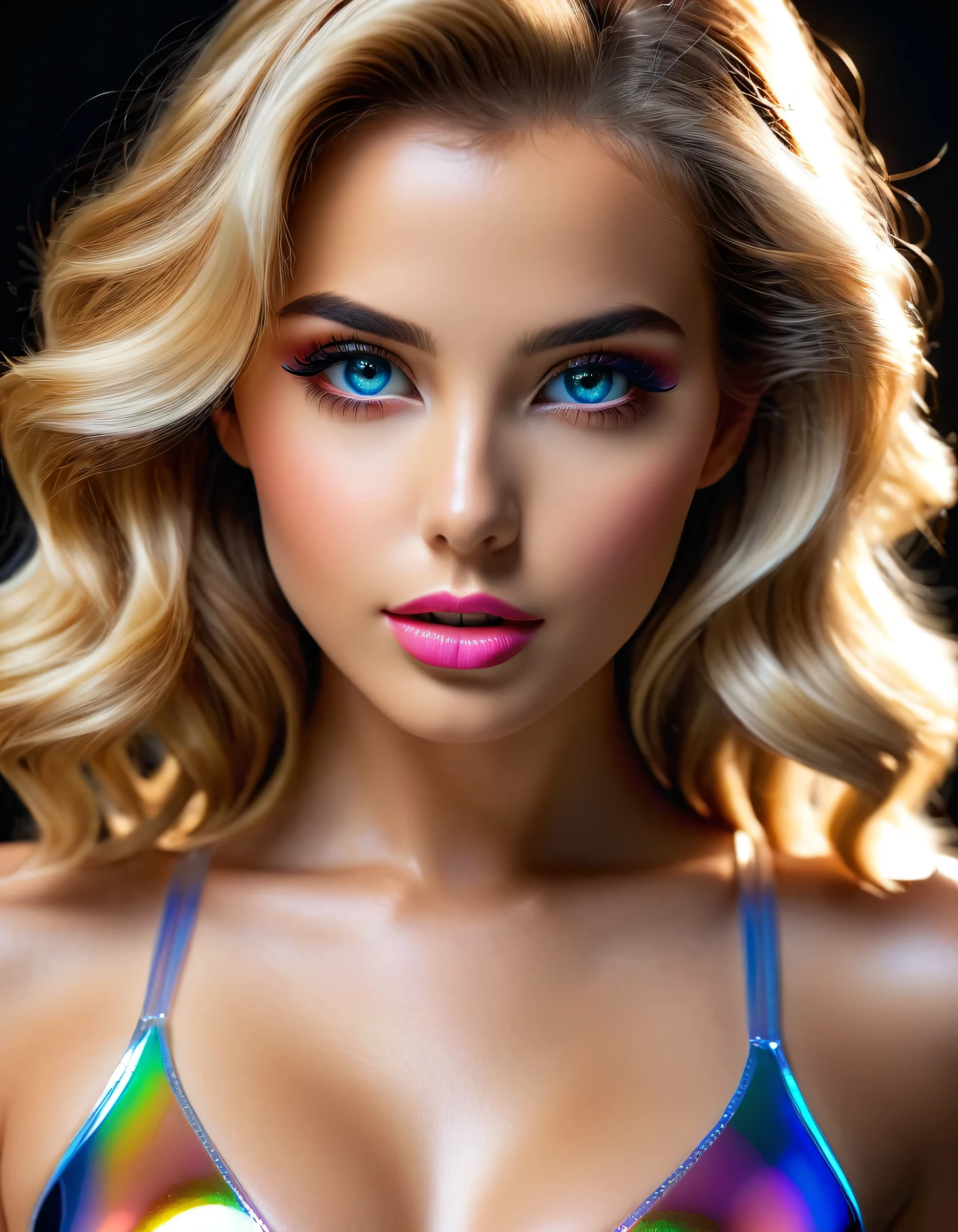 photorealistic Realism 16K Quality: (((Ultra high resolution absurd quality), extremely detailed details, realistic eyes, clearly sharp, absurd quality, no blur (perfect brown_eyes:1.2))), ([long(lashes)|perfect(eyeshadows)]:[blue|pink]), (super Detailed, beautiful little nose:1.2), (perfect composition), Depth of field, cinematic light, Lens flare, (extremely beautiful face, beautiful lips , Beautiful eyes), (A woman with velvety skin:1.33), ((best high quality real texture hair)), (short blonde hair, (wavy, combed up, behind the ear), extremely detailed:1.3)), photo of the most beautiful artwork in the world, professional majestic (photography by Steve McCurry), 8k uhd, dslr, soft lighting, high quality, Fujifilm XT3 sharp focus, f 5.6, dramatic, (Anatomically correct perfect proportions), ((perfect hands:1.2)), (Super beautiful face: 1.33), ((perfect female body:1.4)), cute girl, ((firm and full )), ((super beautiful cute sharp-face)), (light pale complexion), (transparent color pvc ((Super Shiny Transparent Fluorescent Hologram Colorful PVC Soft Full Bodysuit:1.36))), Ultra-tight fit bodysuit with super reflective surfaces
