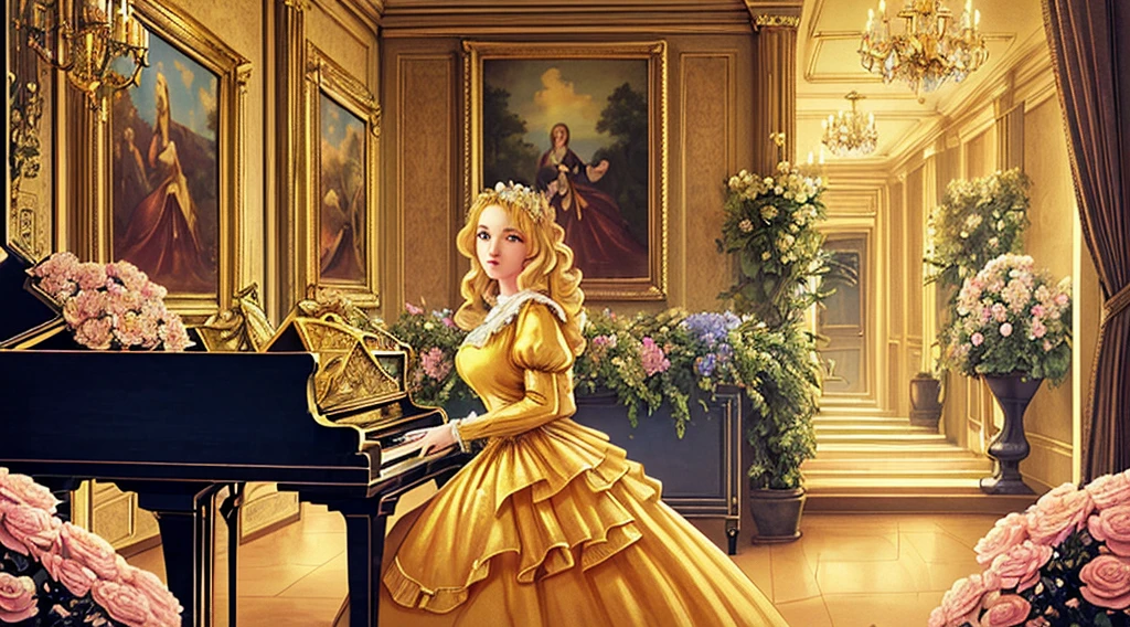 Ultra realistic photography of a beutiful scene of a haughty blonde lady in a blue old fashioned dress; the background is large and vintage, a ancient house with a golden piano and a lot of flowers; masterpiece; ultra hd, 4k