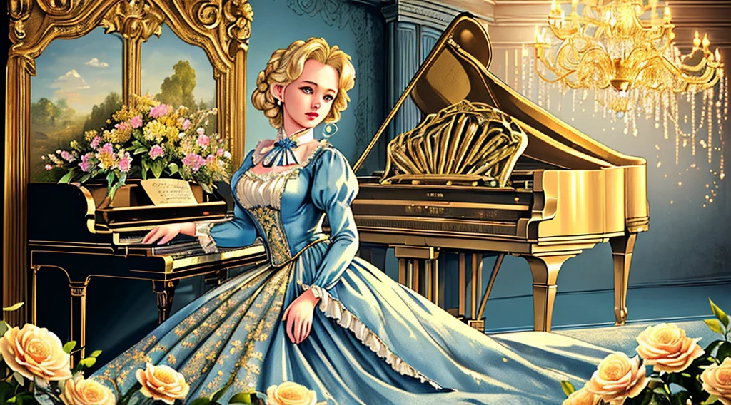Ultra realistic photography of a beutiful scene of a haughty blonde lady in a blue old fashioned dress; the background is large and vintage, a ancient house with a golden piano and a lot of flowers; masterpiece; ultra hd, 4k
