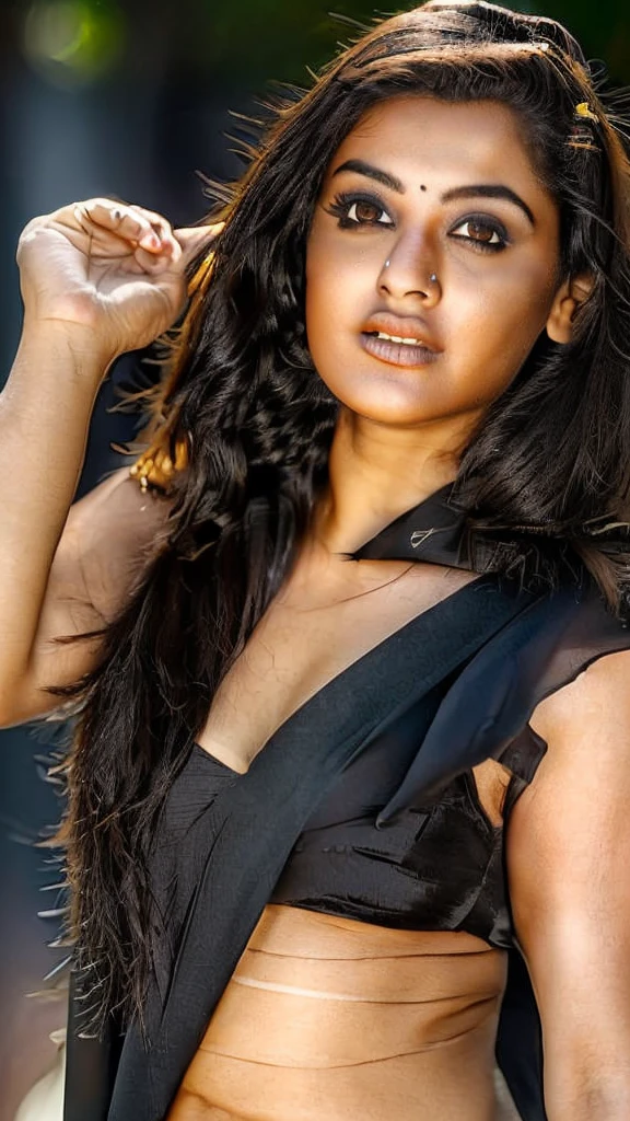 Best quality, masterpiece, ultra high res, (photorealistic:1.4), raw photo, 1girl, black hair, black eyes, detailed eyes and face, black saree, dynamic lighting, in the dark, deep shadow, low key, cowboy shot full-lenght body