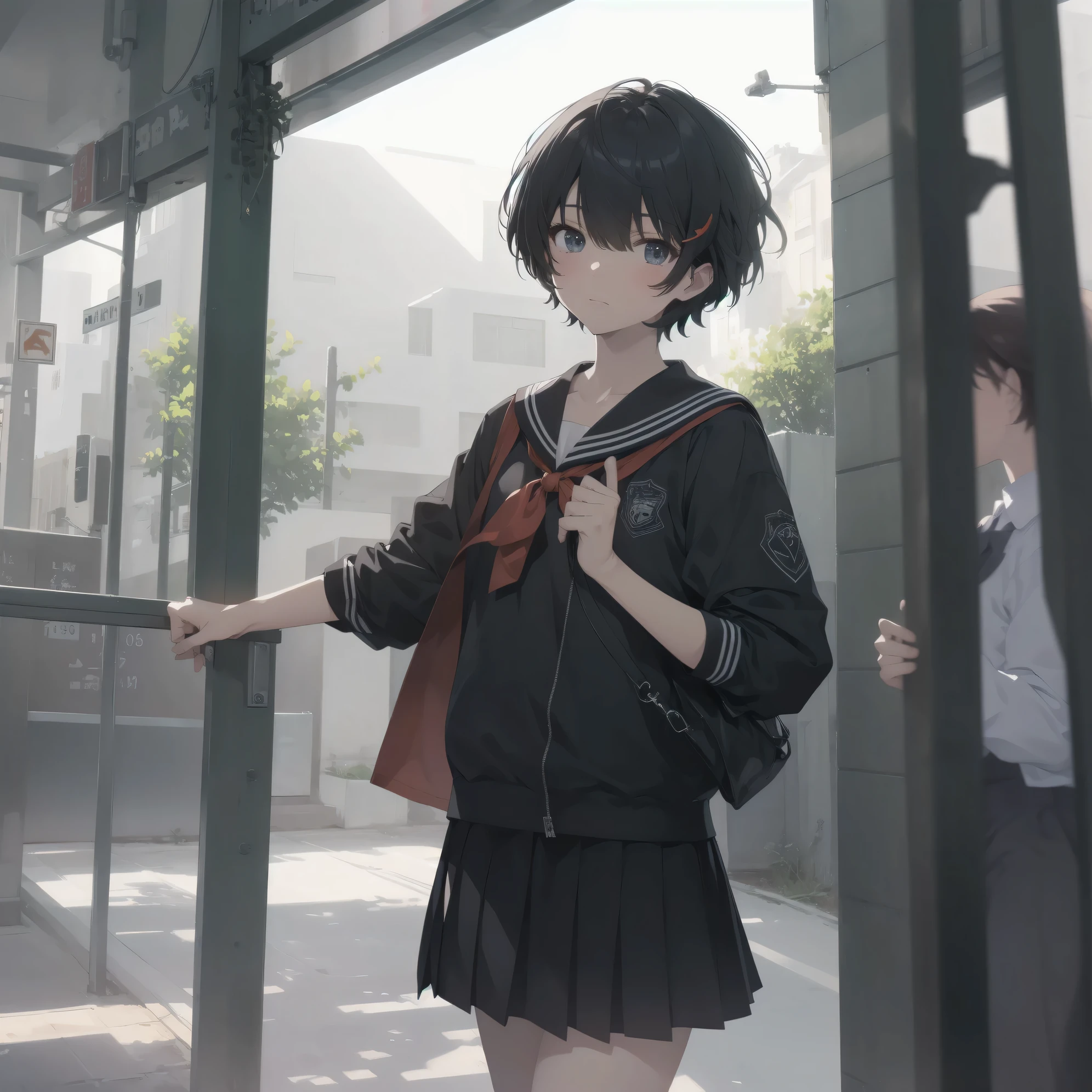 ultra-absurdres-Top quality by artist God, ultra-detailed, high resolution, anime moe artstyle, best anime 8k konachan wallpaper, pixiv contest winner, pool:2810, perfect anatomy,break, 1girl, (Please draw a girl walking sleepily to school alone. )break,(Solo,little female, 13-year-old:1.3),Full limbs, complete fingers,a junior high school student, (very short hair), short cut, flat chest, , small butt, small black eyes, beautiful detailed eyes, well-proportioned iris and pupils, expressive eyes, highres detailed hair, soft expression, salor school_uniform, sailor collar, serahuku, bow, pleated skirt,(Detailed Lighting), (Detailed background), in the School commute route. break,super detailed skin, Best cinematic lighting powered by famous artist, 8k,beauty illustration,photoshop_(medium),very aesthetic,break,((artist:takafumi )), artist:clamp ,artist:carnelian ,artist:kantoku ,