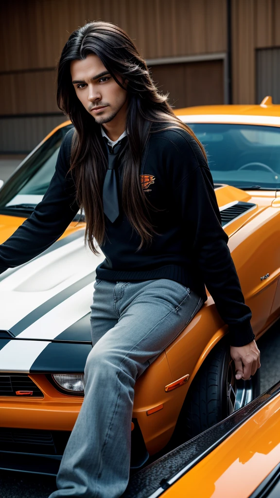 The image features an anime-style character with long, flowing hair sitting on the hood of a classic orange Chevrolet Camaro. The character is wearing a black sweater over a white shirt with a tie, and dark pants. The background has a stylized, artistic feel with flowing lines and soft colors, giving a sense of motion and dynamism.