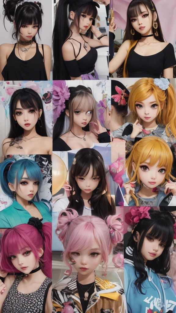 The character costume is KPOP, 9 sets of anime character stickers with different expressions, Hallyu collection style, Anime K-pop art style, Hallyu frontline style, Hallyu art style, kpop style, Official artwork, Chibi Art, Pisif, Blackpink style, Cute KPOP artwork in various poses, The popularity of the art station Pisif