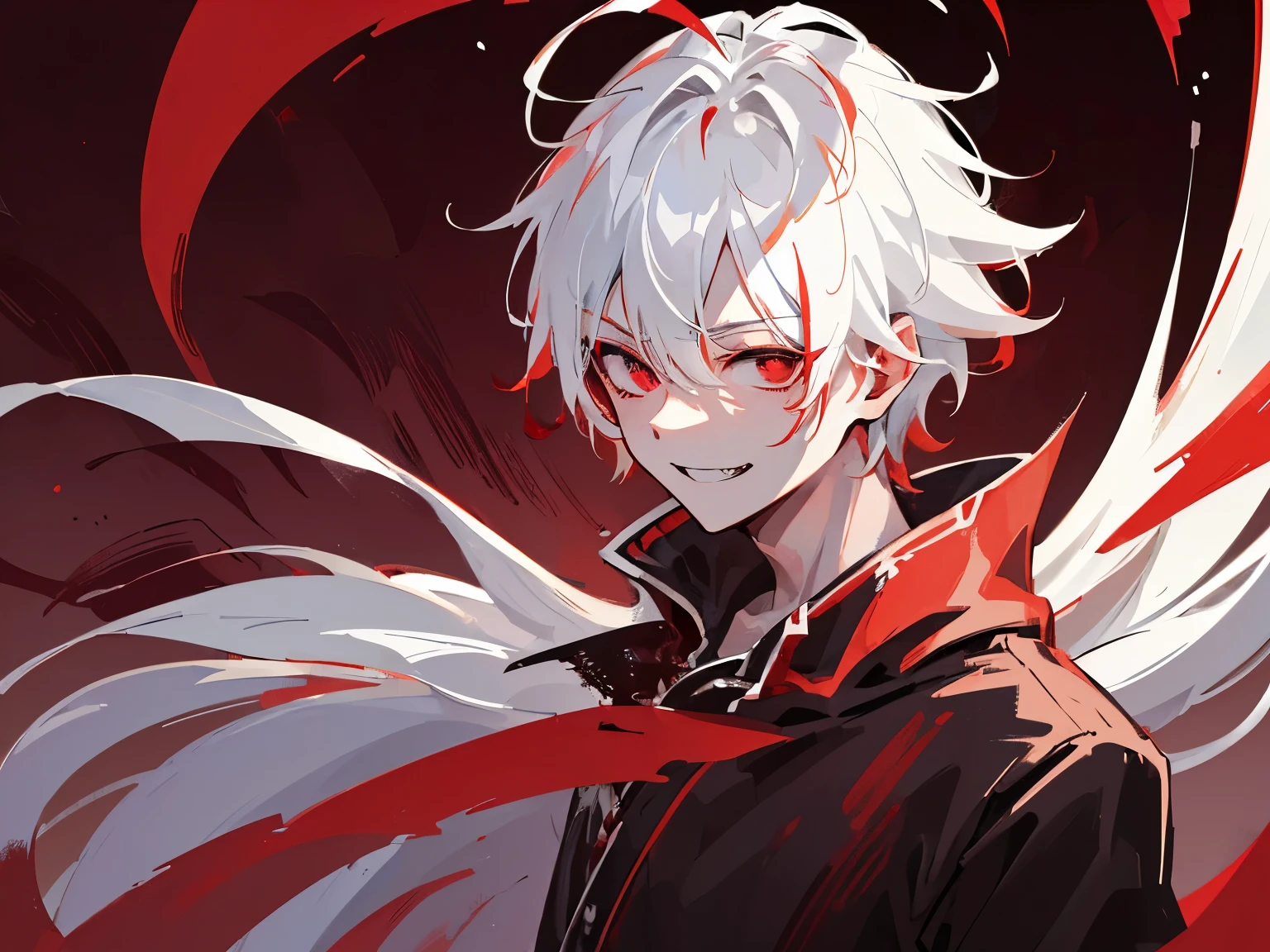 One boy、High resolution,close distance、Anime boy with white hair and red eyes, Glowing red eyes,slim, Wearing black clothing,Shadow Body,White skin,Monochrome,My hair is messy,Aggressive smile、Bloodstained、Bleeding、There is a lot of blood、a large amount of fresh blood、Cuts on face、Flying blood