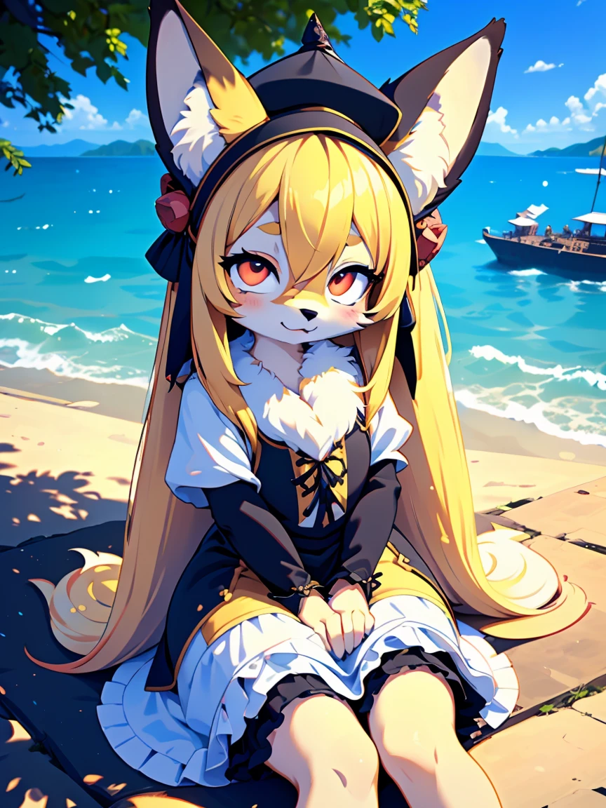 (Round eyebrows:1.5),(wide angle lens:1.5),(black hat:1.3),(natural light:1.3),(height 120cm),(smile),2 girls,(sitting:1.5),(chibi:2.0),((A beautiful sea view:1.5)),(wolf tail),(spread arms),(dog paw pad),(engagement ring),(heart shaped pupils),((toddler)),nobility,(white wolf girl),(teen),((white color long hair:1.7)),(fur skin),(white long dress:1.5),brown corset,steampunk,female,(furry),sitting,(big black ribbon on head:1.3),(Round eyebrows),(wolf ear),(wearing),(Luxurious medieval fantasy outfit:1.5), (character) , (Best Quality,4k,8K,hight resolution,Masterpiece:1.2), Ultra-detailed, (Realistic,Photorealistic,photo-realistic:1.37), HDR, UHD, studio lightning, ultra-fine painting, sharp-focus, physical based rendering, extreme detail description, Professional, Vivid colors, bokeh, (em) portrai, landscape, photografic, Concept Artists (style of), (with a) vibrant color palette, (pa) soft-lighting. Jewelry,