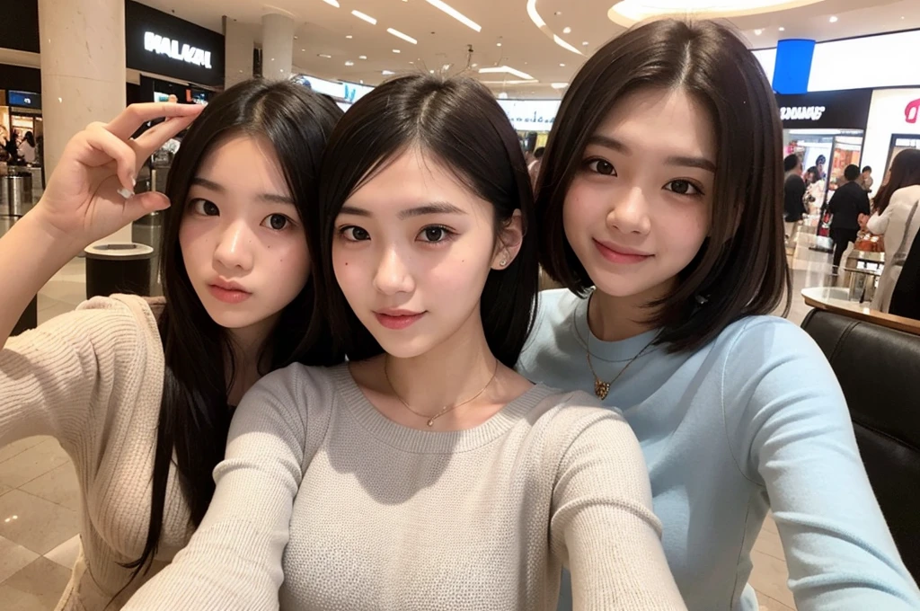 Indonesian girl 17-year-old Hairstyle Casual, F Cup Breasts wearing crewneck dress and selfie with her friend at mall