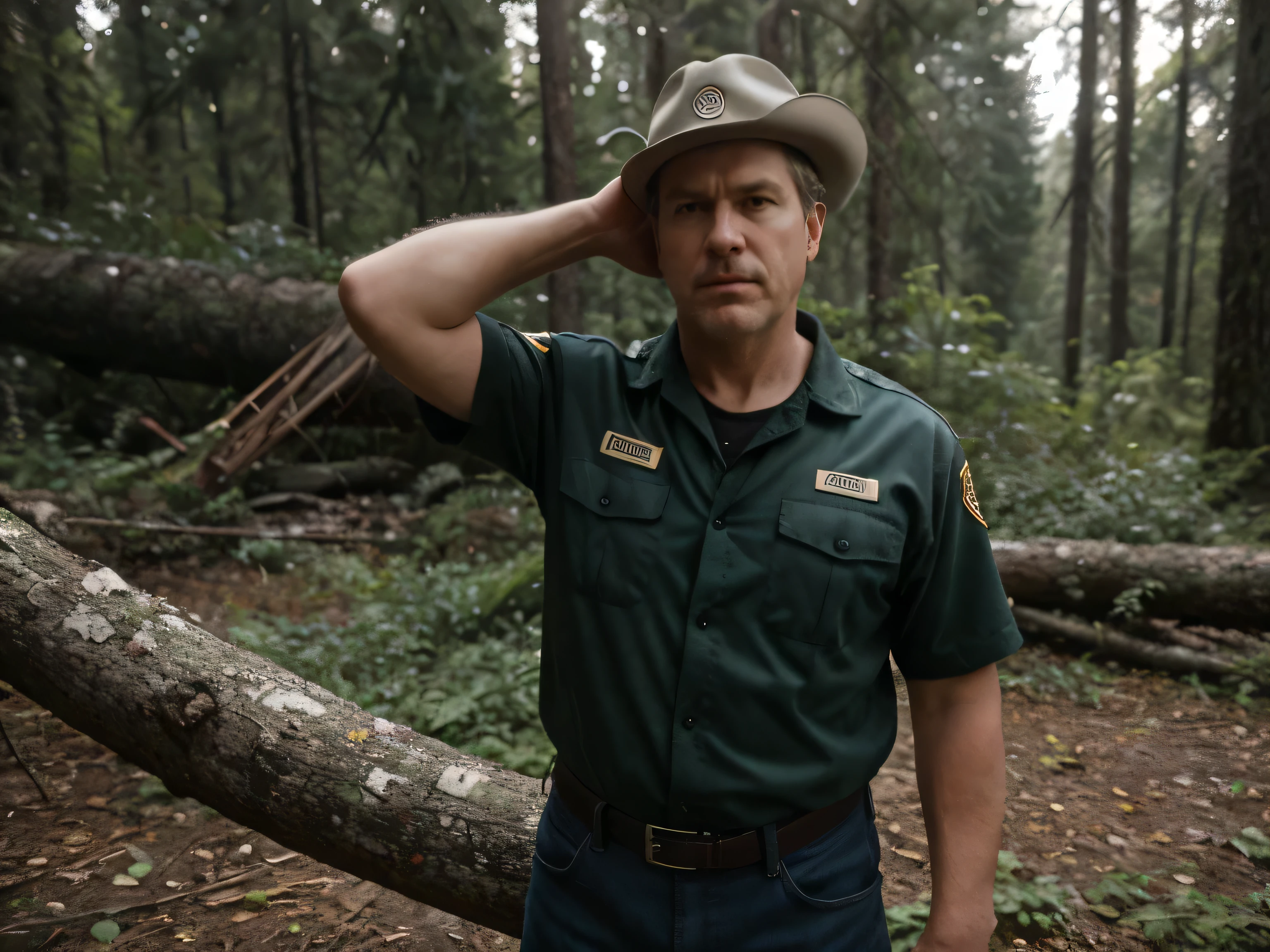 a middle-aged male caucasian park ranger, broken electrified fencing, thick fallen tree, in a pacific northwest forest, worried expression, cautious body language, detailed facial features, highly detailed, ultra-realistic, cinematic lighting, vivid colors, dramatic atmosphere, masterpiece, photorealistic, 8k, hyperrealistic, no words, eyes aligned