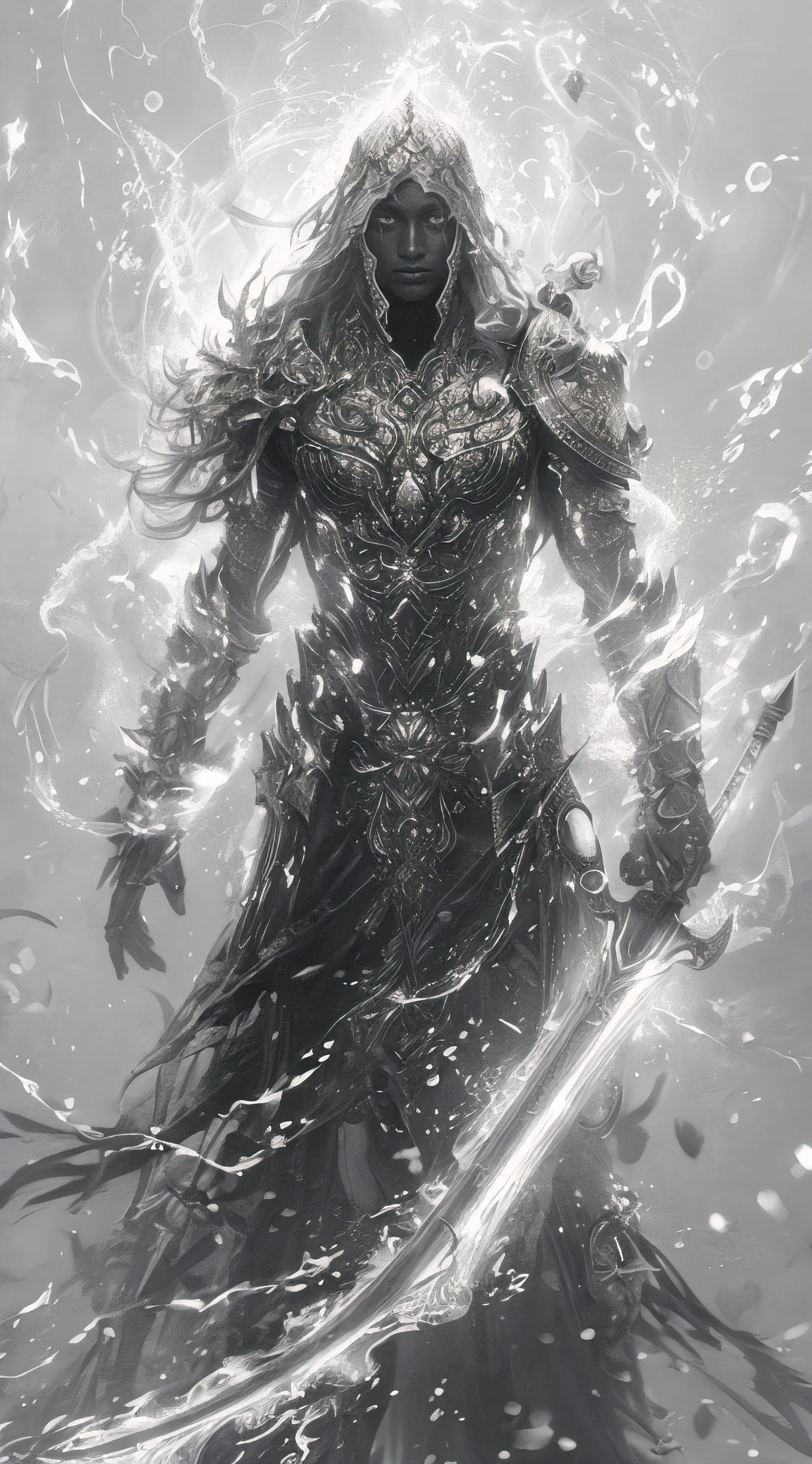 black and white fantasy illustration in the style inspired by of peter mohrbacher and gerald brom: a Genie Warrior in armor woven from water and light and with an electric sword, surrounded by light orbs, photorealistic