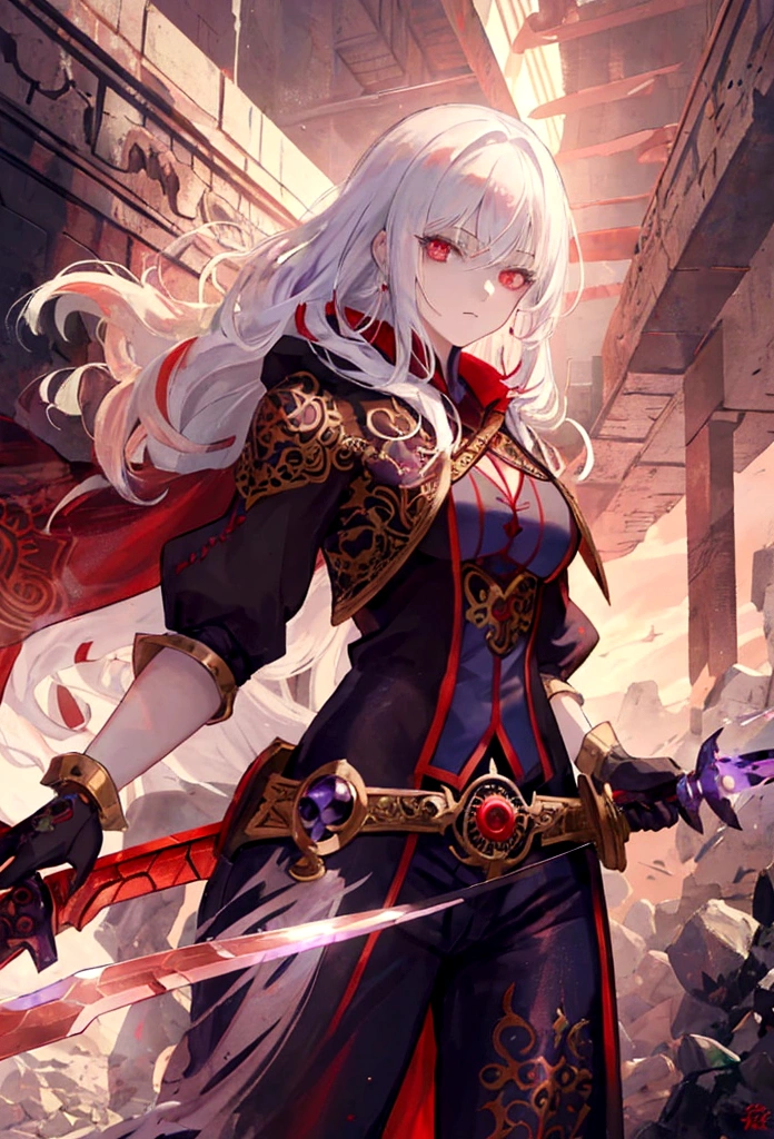 a woman with white hair and red streaks, neutral facial expression, detailed red eyes, holding a large ornate purple sword, detailed eyes, extremely detailed sword, cinematic dramatic lighting, fantasy, concept art