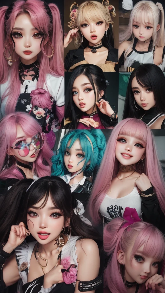 The character costume is KPOP, 9 sets of anime character stickers with different expressions, Hallyu collection style, Anime K-pop art style, Hallyu frontline style, Hallyu art style, kpop style, Official artwork, Chibi Art, Pisif, Blackpink style, Cute KPOP artwork in various poses, The popularity of the art station Pisif