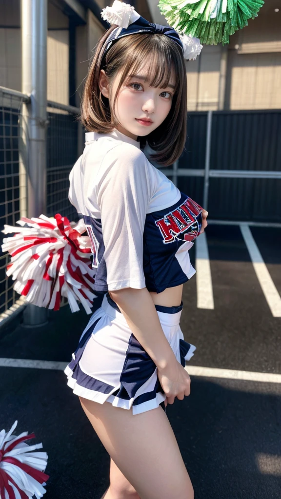 masterpiece, best quality, illustration, Super detailed, fine details, High resolution, 8K,wall paper, perfect dynamic composition,(Details High quality, realistic depiction of eyes:1.3), hotel room, (cheer girl:1.5),(a miniskirt), to stand、large breasts,short bob hair, black hair color, Big Natural Color Lip, bold sexy pose, crying a little、Harajuku style、20 year old girl、cute type、ta、beautiful legs, hposing Gravure Idol