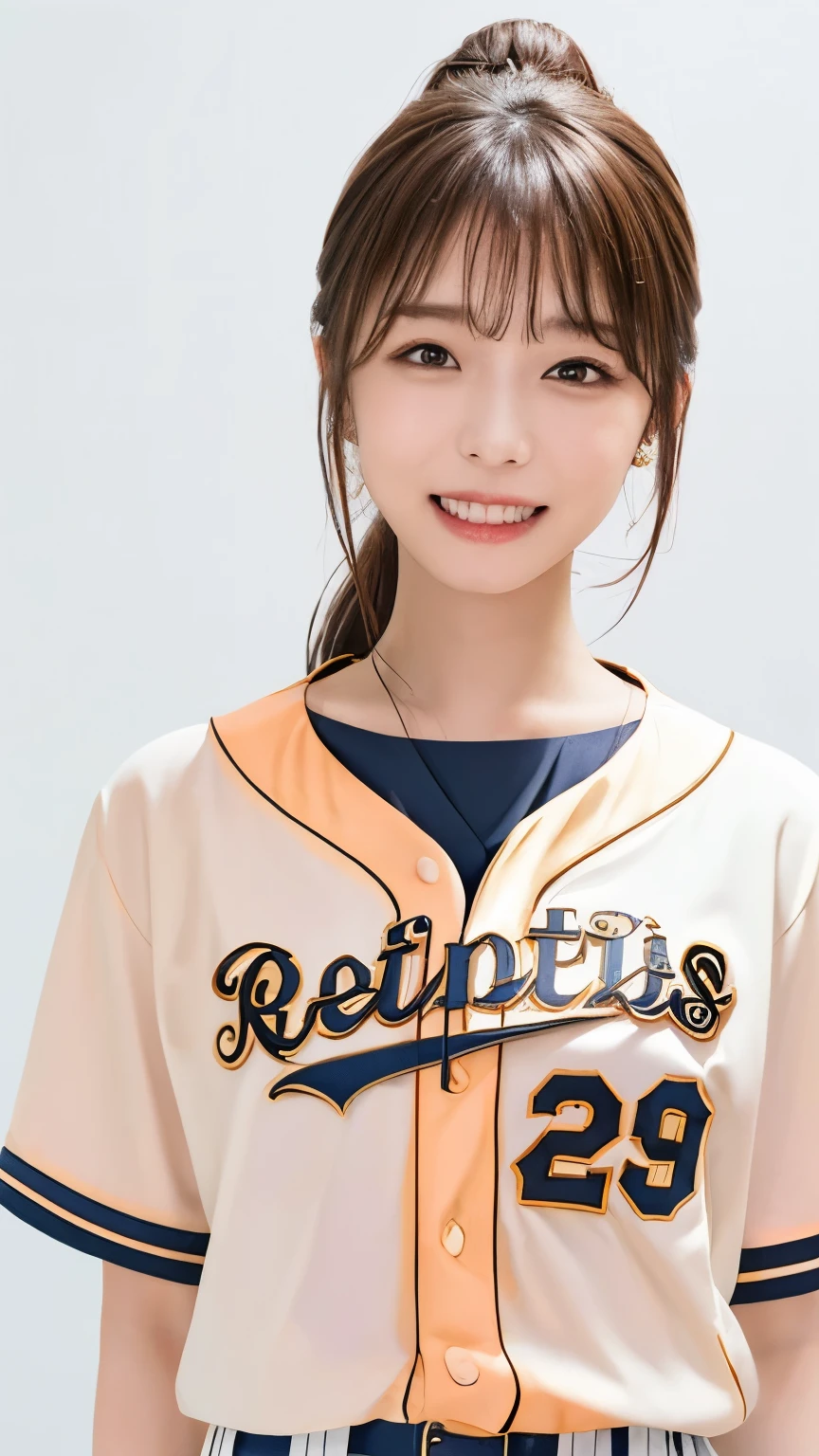 (Highest quality、8k、32K、masterpiece)、(Realistic)、(Realistic:1.2)、(High resolution)、Very detailed、Very beautiful face and eyes、1 Girl、Round and small face、Tight waist、(close、Highest quality、Attention to detail、Rich skin detail)、(Highest quality、8k、Oil paints:1.2)、(Realistic、Realistic:1.37)、Bright colors、(((Blonde)))、(((Upper Body Shot)))、(((長いBlonde)))、(((White wall background)))、(((Fun expression)))、(((Baseball uniform)))、(((Black and pink uniform)))、smile、ponytail