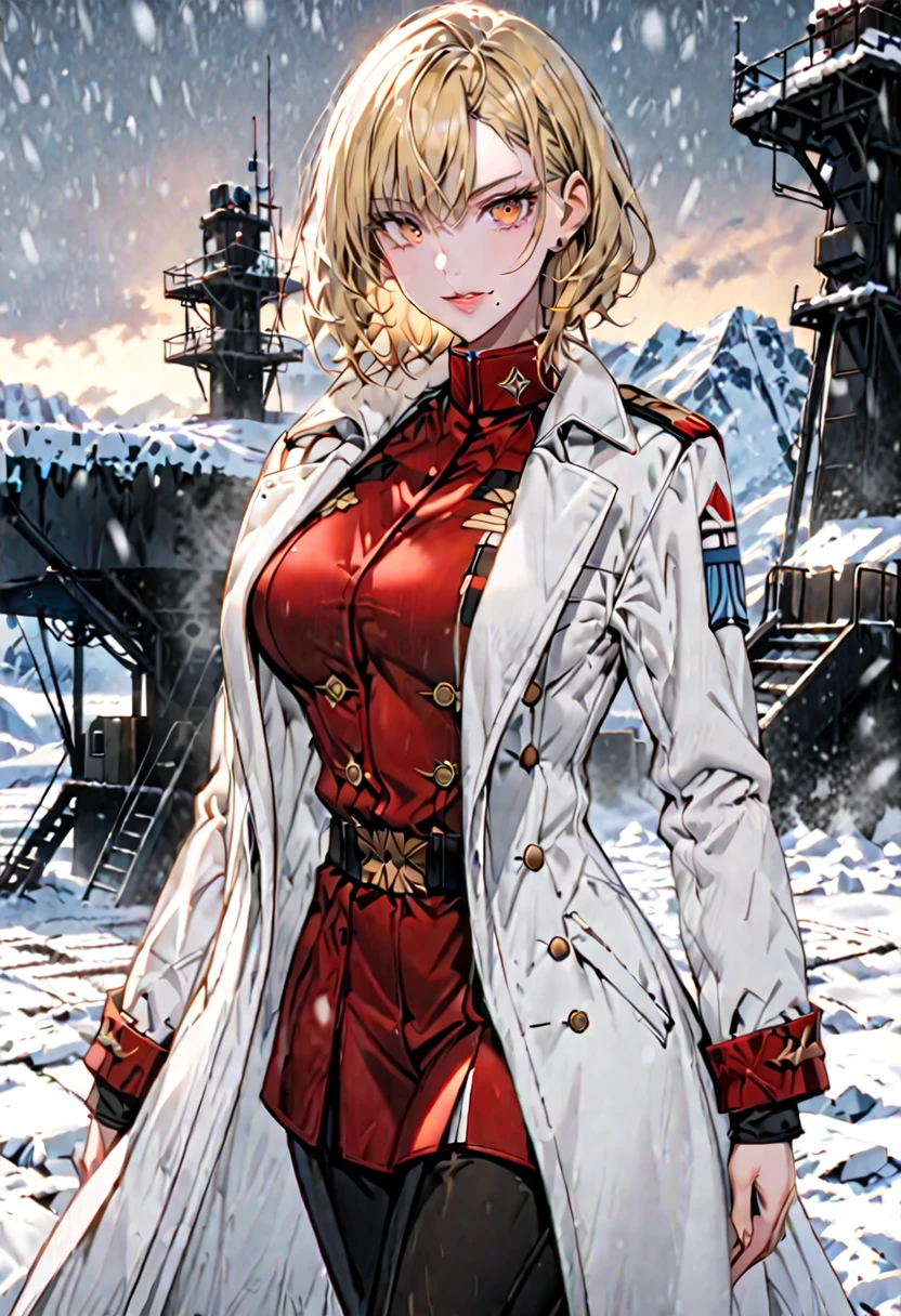 (solo), female, extremely tall, muscular:0.7, blonde hair, formal haircut, amber eyes, formal military uniform, small smile, Antarctic military uniform, large breasts, mole under mouth, snowy background, helipad, military overcoat