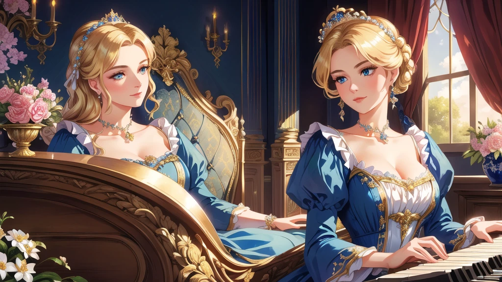 A beutiful realistic scene of a haughty lady in a blue old fashioned dress; lady perfect eyes, lady perfect face, lady perfect hands; the background is large and vintage, a ancient house with a golden piano and a lot of flowers; masterpiece; ultra hd, 4k