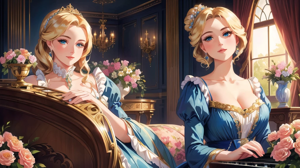 A beutiful realistic scene of a haughty lady in a blue old fashioned dress; lady perfect eyes, lady perfect face, lady perfect hands; the background is large and vintage, a ancient house with a golden piano and a lot of flowers; masterpiece; ultra hd, 4k