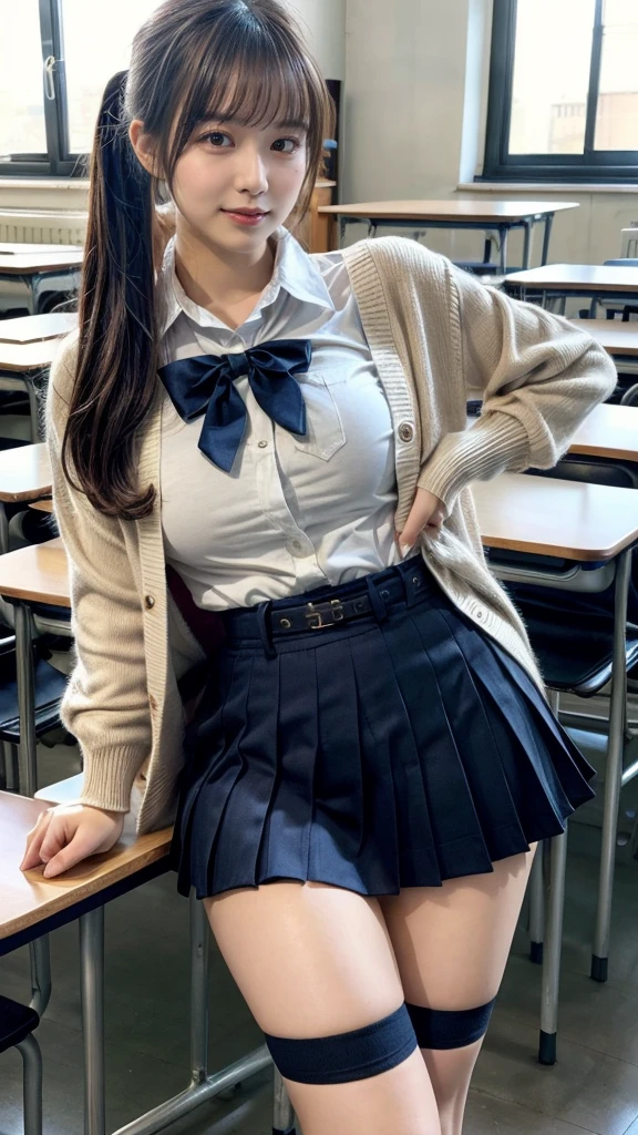 masterpiece, best quality, illustration, Super detailed, fine details, High resolution, 8K,wall paper, perfect dynamic composition,(Details High quality, realistic depiction of eyes:1.3), High School Classroom、High school girl uniform、Cardigan、Super Short Check Uniform Skirt、Navy blue high socks、garterbelts、Colossal tits、Disturbed uniform, ponytail, black hair color, Big Natural Color Lip, bold sexy pose, (perfect body shape), crying a little、Harajuku style、20 year old girl、cute type, beautiful legs, hposing Gravure Idol, Voluptuous thighs