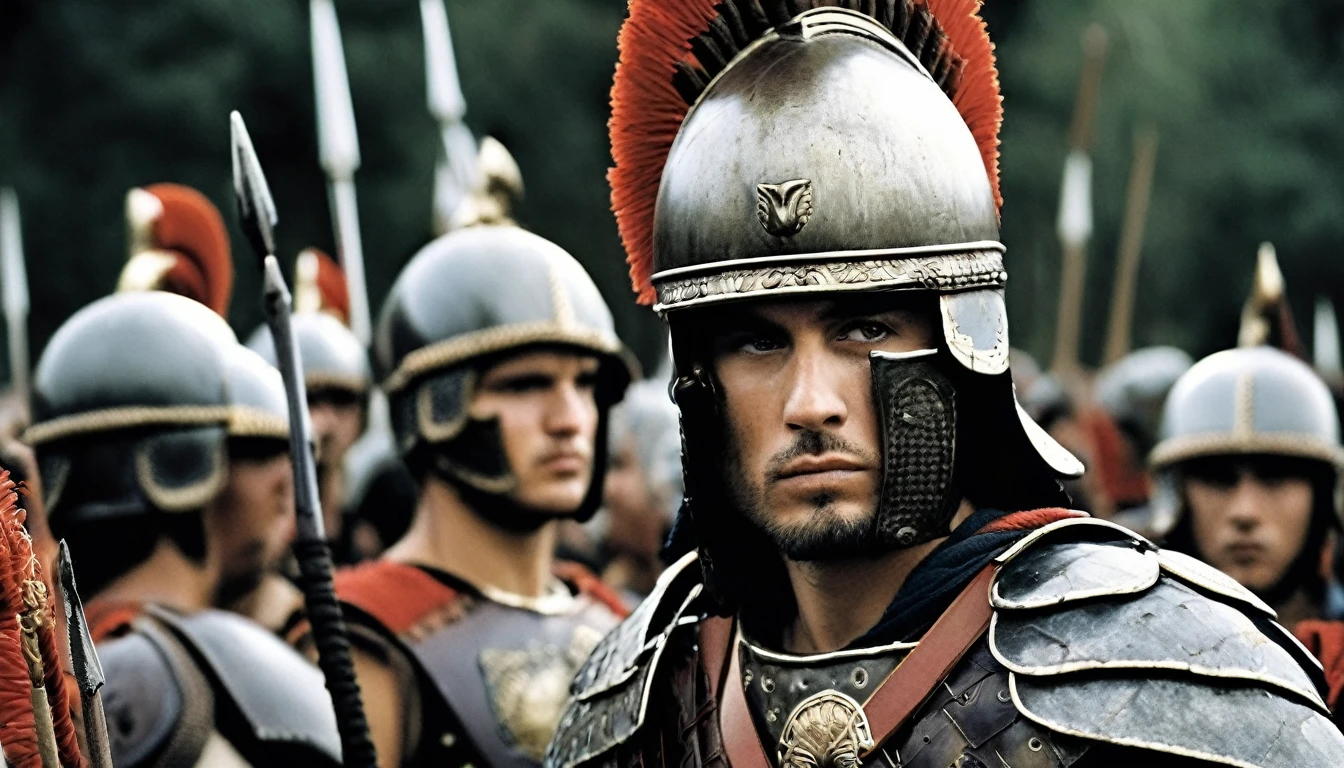 A captivating cinematic photo of an army of handsome, 25-year-old black and white men dressed as Roman soldiers, exuding an air of authority and seriousness. He is adorned with complex armor and symbols representing the ancient Roman Empire. The spears are pointed upwards and will be thrown at the enemy line of opposing soldiers.
The background reveals a distant forest, suggesting the presence of the 7th Legion of the Roman Army. The soldier's arm bears the tattoo of a Roman legion and he wears an ancient Roman helmet, creating an atmosphere of historical authenticity and intense drama., photo, cinematic