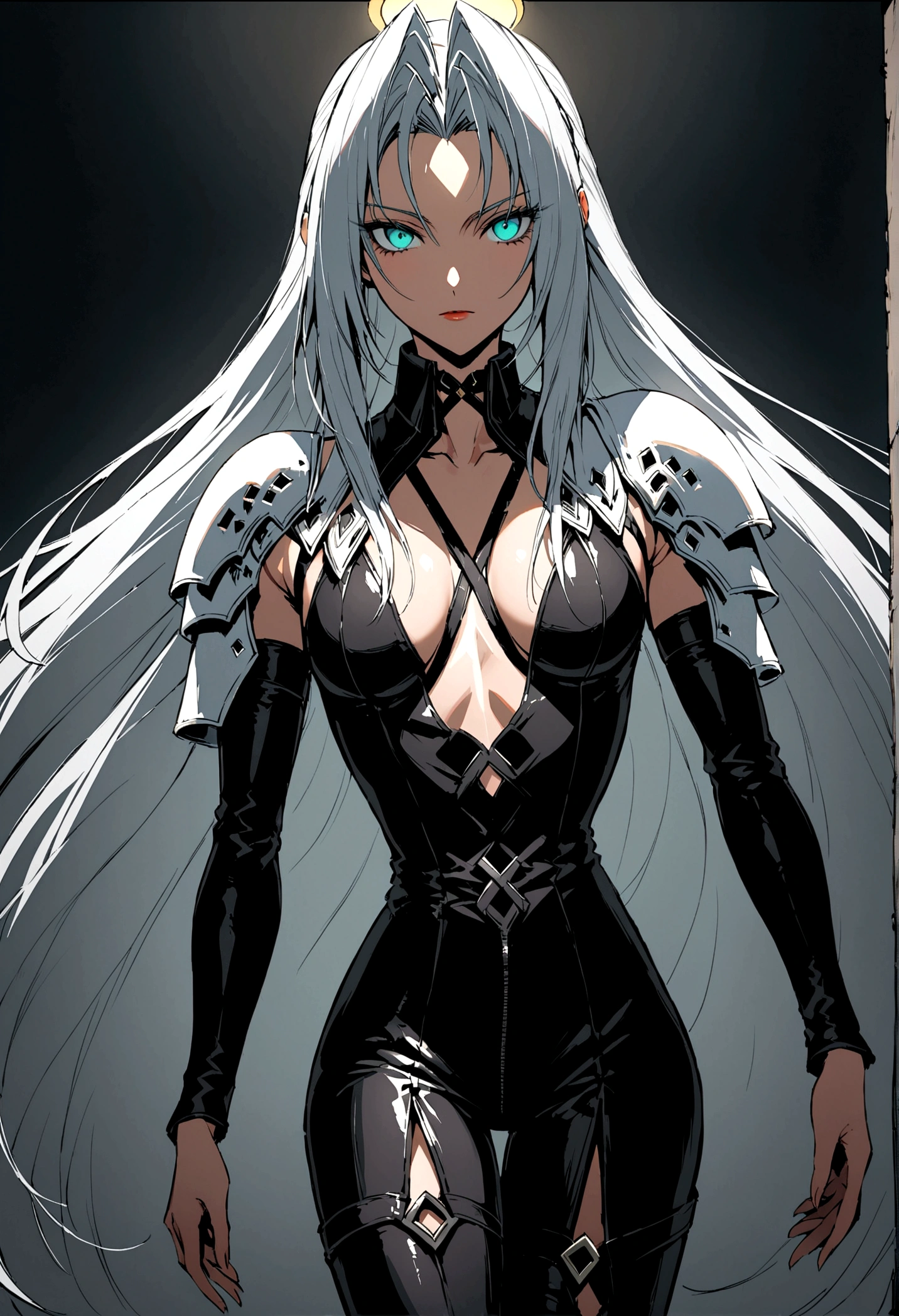 In the darkness, a woman's figure is illuminated by a circular light that frames her head, young female sephiroth, complete body, Caucasian skin, short body, perfect beautiful face,