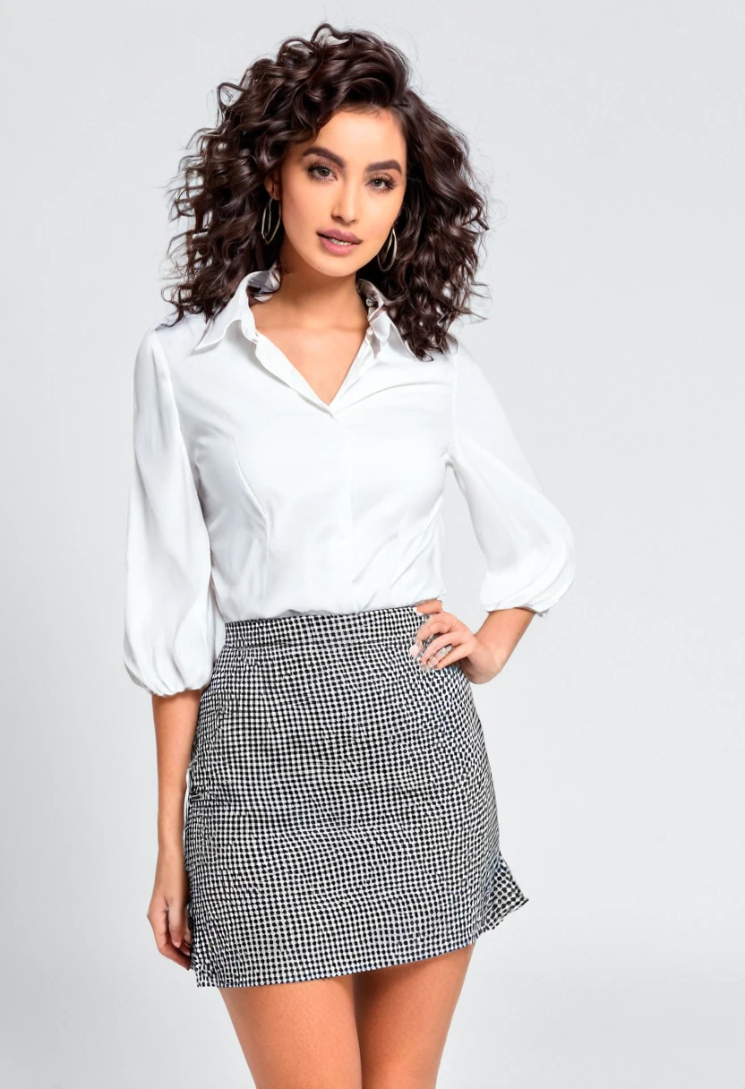 Mulher vestida com saia xadrez e blusa curta com cabelo liso de salto alto