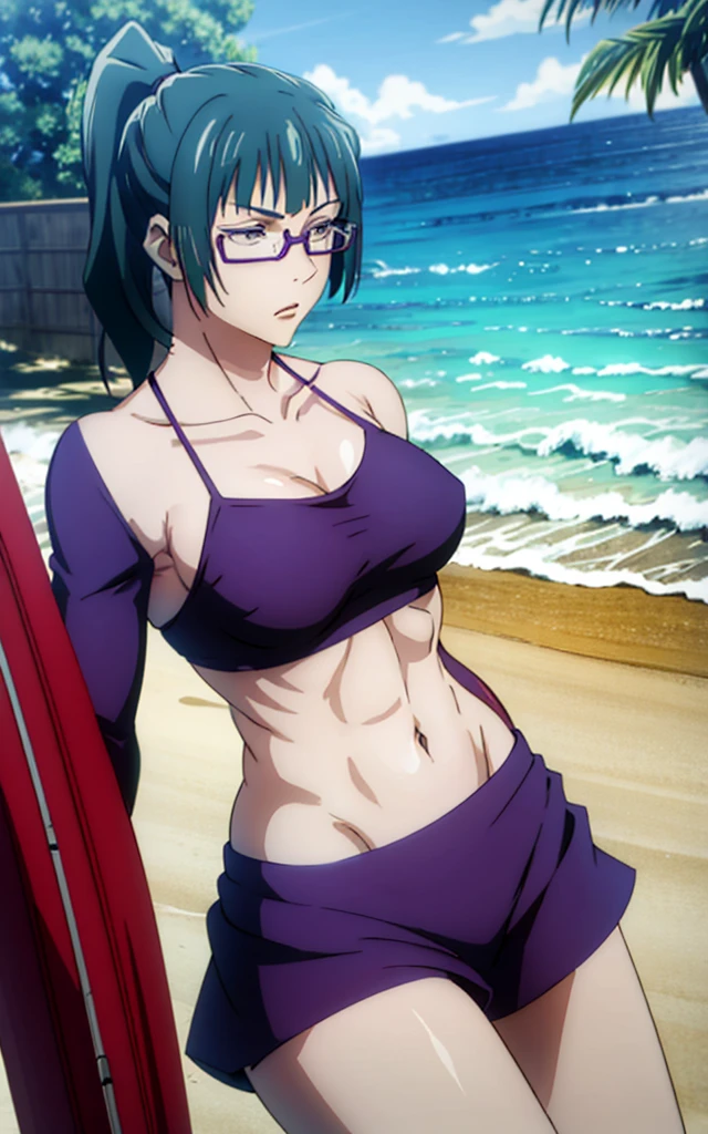 Maki Zenin, blue bikini, curved, dark green hair, well proportioned, muscular, large thighs, medium chest. purple glasses, beach background