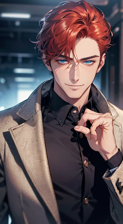(best quality, masterpiece, 8K, photorealistic, cinematic lighting, 1:4 hdr image, ultra detailed, beautiful image), a mature man, 34 years very handsome, ((cold expression smile in love)), short red hair, blue eyes, face perfect without mistakes, ((buttoning his jacket, CEO)), smile.