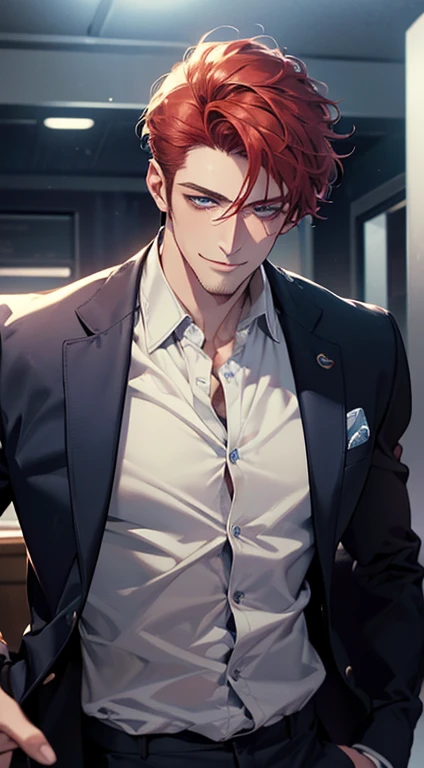 (best quality, masterpiece, 8K, photorealistic, cinematic lighting, 1:4 hdr image, ultra detailed, beautiful image), a mature man, 34 years very handsome, ((cold expression smile in love)), short red hair, blue eyes, face perfect without mistakes, ((buttoning his jacket, CEO)), smile.