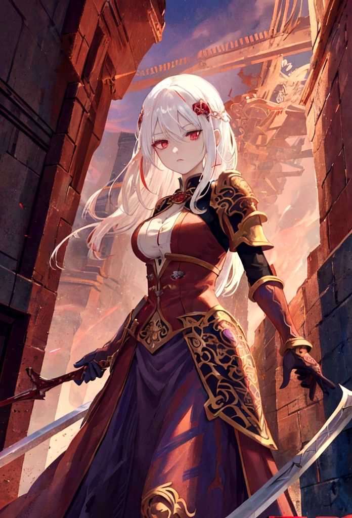 a woman with white hair and red streaks, neutral facial expression, detailed red eyes, holding a large ornate purple sword, detailed eyes, extremely detailed sword, cinematic dramatic lighting, fantasy, concept art