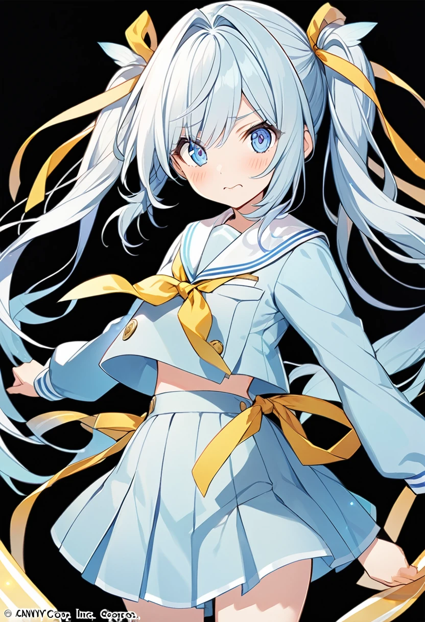1girl, official art, white background, cowboy shot, Generate an anime-style girl with long, light blue hair styled in twin tails. Each twin tail is tied with a large yellow ribbon at the base of the hair. The ribbons are only on her hair and not on her uniform. She has blue eyes. Her expression is a bit embarrassed. The background should be simple and light-colored, long-sleeve, light blue sailor suit, 24 years old, no tail, no uniform ribbon, no background ribbon, hair intakes, long bangs, long sidelock, 