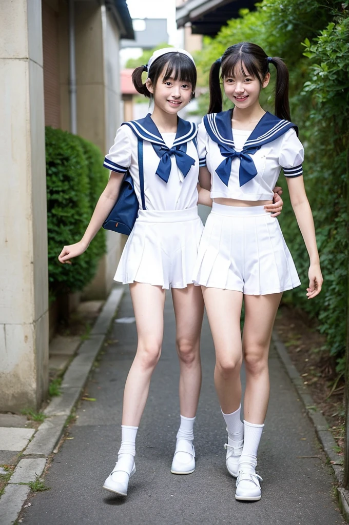 2 girls walking in Japanese street,short-sleeved white sailor leotard with blue frills,red bow tie,school bags,18-year-old,bangs,a little smile,large bare thighs,knees,legs apart,short hair with low pigtails,from before,front light