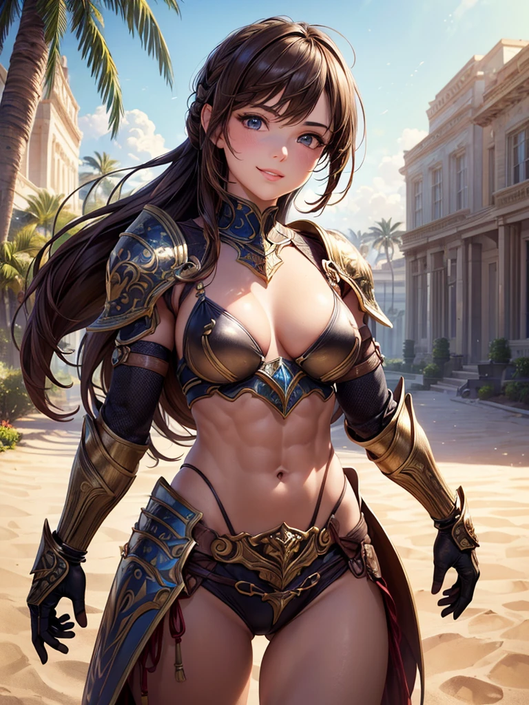 ,(best quality, ultra-detailed, realistic:1.37, masterpiece:1.2), woman, beautiful detailed eyes, beautiful detailed lips, brown hair tied up, smile, bikini armor, (muscular body:1.1),slim figure, caustics, textile shading, toned body, clean abs, palm trees swaying, Highly detailed colorful fancy armor and gauntlets,,desert