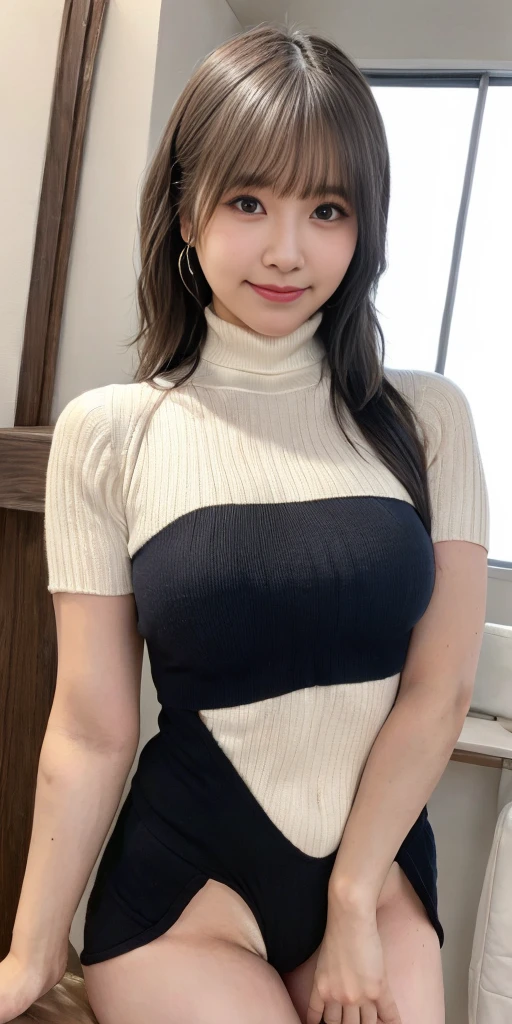 Female, 20 years old, short black wavy hair、bangss、Puffy nipple、(White Turtleneck Knit), cute smile face、((Poses that emphasize the buttocks、turned around))、sexy hips、Cute earrings、(Tilt your head slightly)、underwear、Peachy Butt、Torn、Tattered、See-through、Transparency、、Idol、Training wear