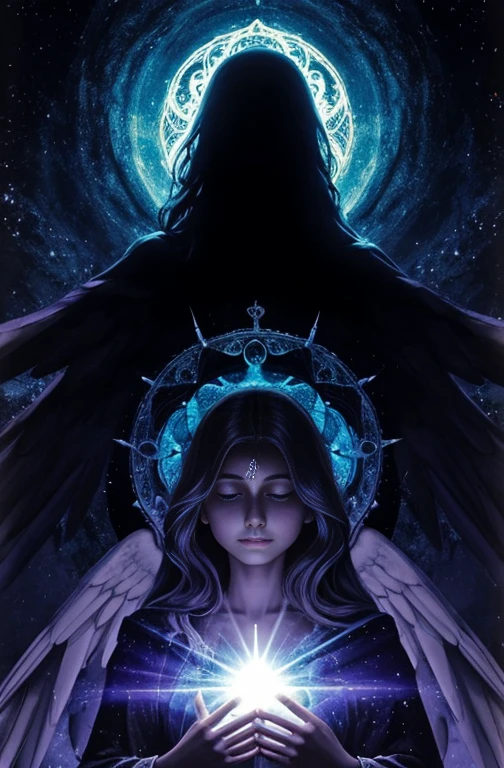 Su rostro es de facciones nobles, con unos ojos bicolores que representan su dualidad. Un ojo irradia una luz celestial brillante, mientras que el otro arde con un fuego oscuro y misterioso.Despliega alas majestuosas y entrelazadas, una mitad resplandece con la pureza de la luz angelical, while the other half is immersed in the deep darkness of demonic essence. Cada pluma es una obra maestra, entrelazando la dualidad en cada detalle.