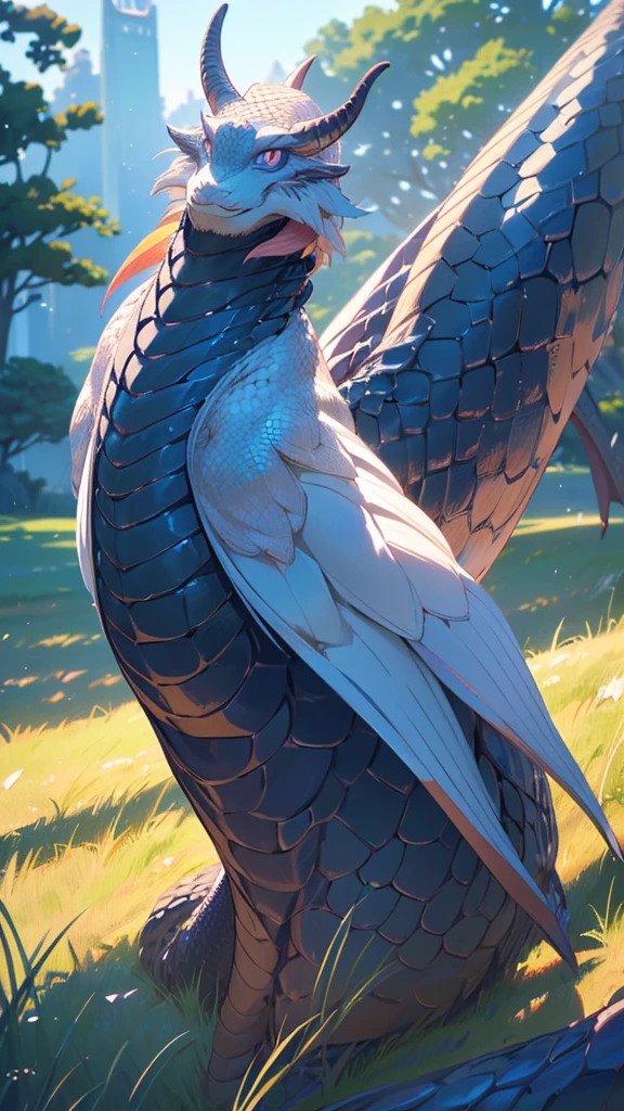 A beautiful young girl with dragon horns, blue eyes, wearing a traditional Japanese kimono, standing in front of a long snake-like dragon in the background, feeling the wind, (best quality,4k,8k,highres,masterpiece:1.2),ultra-detailed,(realistic,photorealistic,photo-realistic:1.37),anime style,full body shot,wide angle
