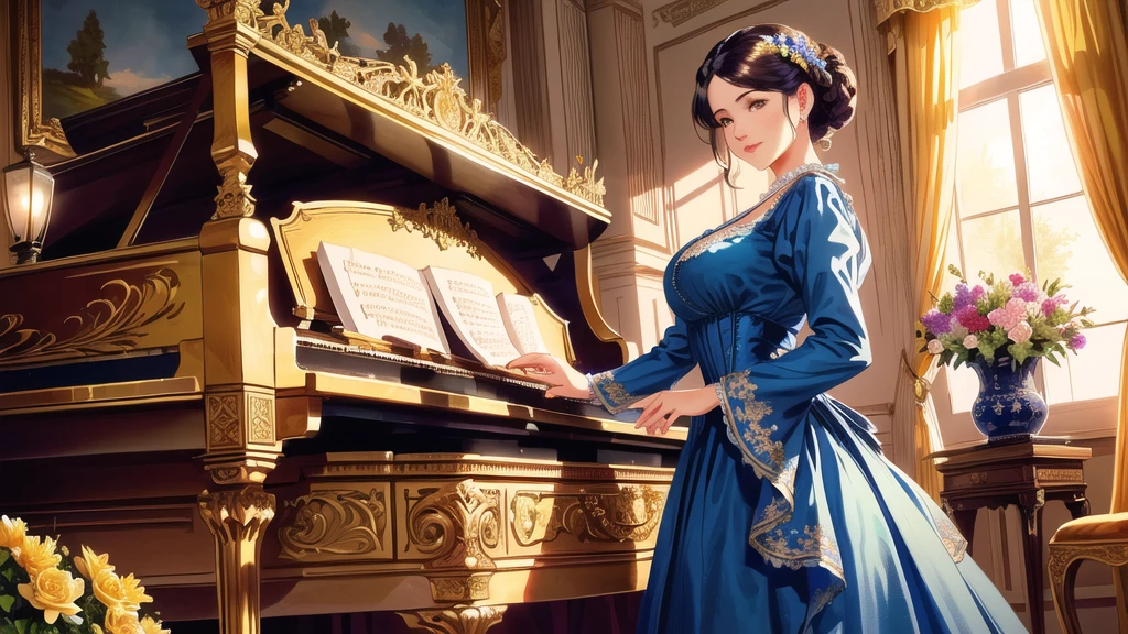 A beutiful realistic scene of a single haughty lady in a blue old fashioned dress; the background is large and vintage, a ancient house with a golden piano and a lot of flowers; masterpiece; ultra hd, 4k