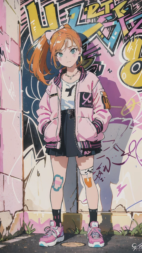 (1girl,teen, graffiti art,bandages, bandaid, bandaid_on_arm, bandaid_on_cheek, bandaid_on_face, bandaid_on_knee, bandaid_on_leg, blue_eyes, bow, earrings, full_body, hair_bow, (high_ponytail,hand in pocket), jacket, jewelry, letterman_jacket, long_hair, nail_bat, necktie, orange_hair, pink_hair, ponytail, shoes, skirt, solo),((background many street graffiti art)), (8k, RAW photo, best quality, masterpiece:1.2), (realistic, photo-realistic:1.37), ultra-detailed,(detailed beautiful girl:1.4),1 girl, full body shot