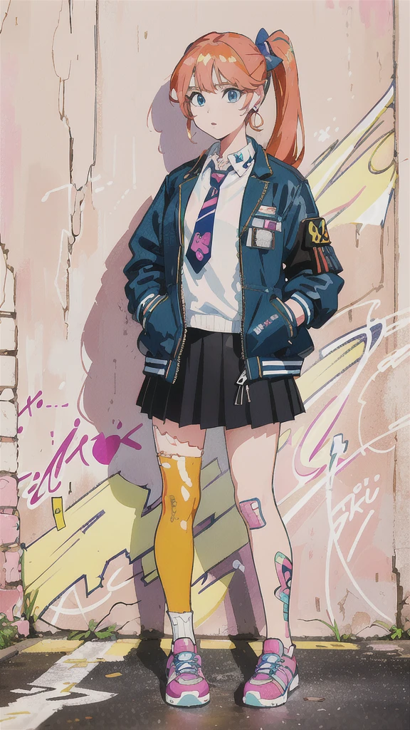 (1girl,teen, graffiti art,bandages, bandaid, bandaid_on_arm, bandaid_on_cheek, bandaid_on_face, bandaid_on_knee, bandaid_on_leg, blue_eyes, bow, earrings, full_body, hair_bow, (high_ponytail,hand in pocket), jacket, jewelry, letterman_jacket, long_hair, nail_bat, necktie, orange_hair, pink_hair, ponytail, shoes, skirt, solo),((background many street graffiti art)), (8k, RAW photo, best quality, masterpiece:1.2), (realistic, photo-realistic:1.37), ultra-detailed,(detailed beautiful girl:1.4),1 girl, full body shot