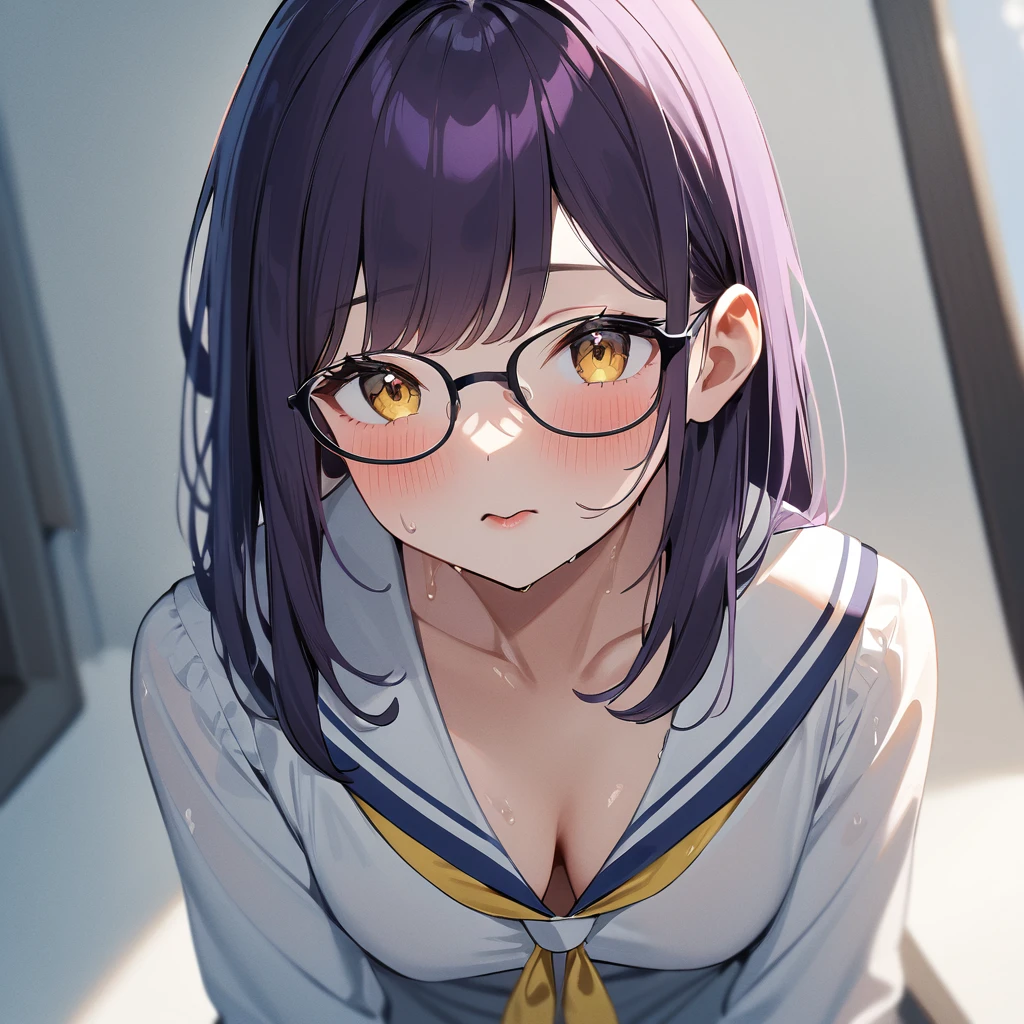 nsfw,1girl,Solo,dark purple hair,yellow eyes,medium breasts,sailor,straight hair,pov,straight on,best quality, very aesthetic, absurdres,Glasses,(downblouse),(wet),(female pov),(lip kiss)