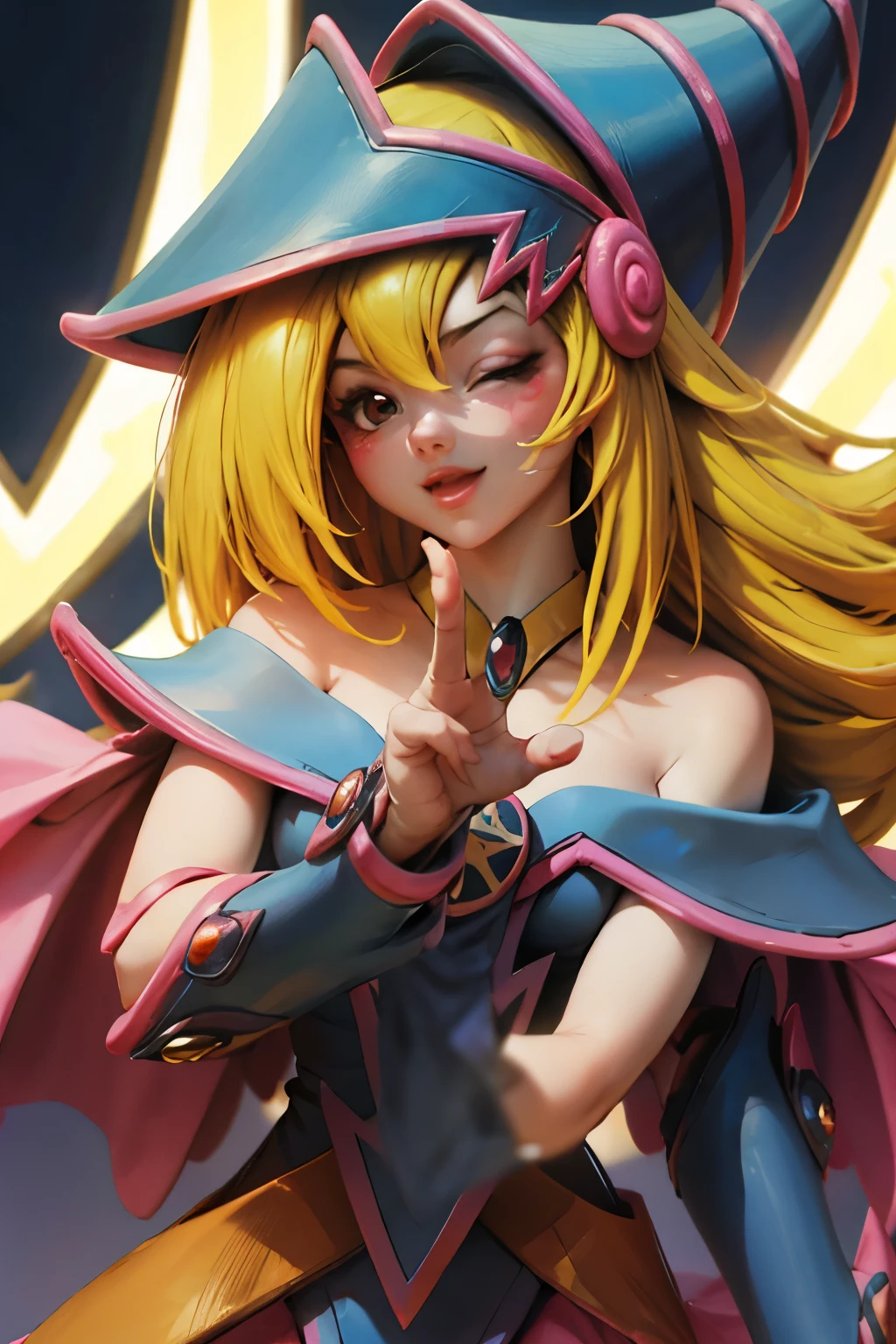 Hermoso rostro de dark magician gils, ojos azules. Labios rosados. Cabello rubio y largo. Ombros descubiertos, sonrisa angelical, hermoso rostro bien detallados de dark magician gils. With his hands he makes the sign of love and peace.  His hands make a sign of peace and love.