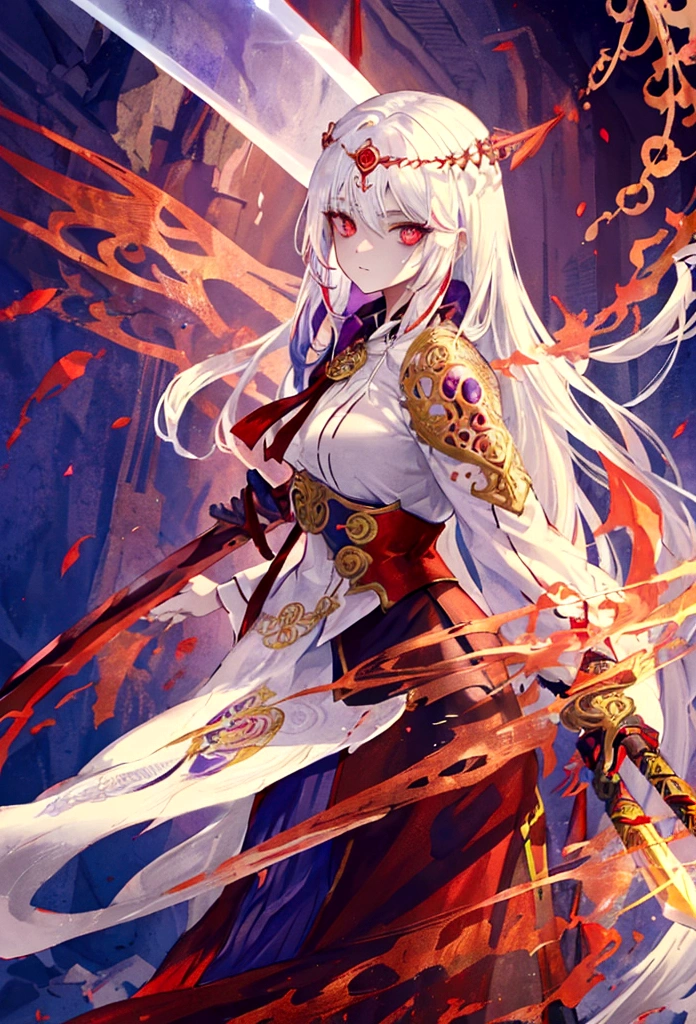 a woman with white hair and red streaks, neutral facial expression, detailed red eyes, holding a large ornate purple sword, detailed eyes, extremely detailed sword, cinematic dramatic lighting, fantasy, concept art