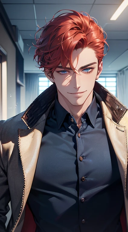 (best quality, masterpiece, 8K, photorealistic, cinematic lighting, 1:4 hdr image, ultra detailed, beautiful image), a mature man, 25 years very handsome, ((cold expression smile in love)), short red hair, blue eyes, face perfect without mistakes, ((buttoning his jacket, CEO)), smile.