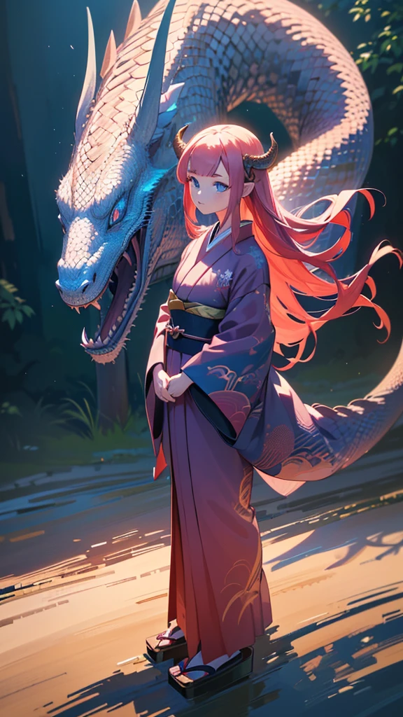 A beautiful young girl with dragon horns, blue eyes, wearing a traditional Japanese kimono, standing in front of a long snake-like dragon in the background, feeling the wind, (best quality,4k,8k,highres,masterpiece:1.2),ultra-detailed,(realistic,photorealistic,photo-realistic:1.37),anime style,full body shot,wide angle