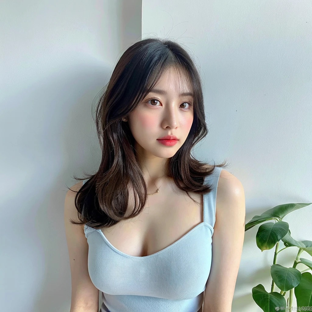 Top quality 1 woman See-through tops、big breasts、Plump thighs、Camisole、(White wall as background、Part of her hair is sky blue:1.4)、white wall、Taken in front of the white door、(A room with a white wall and a window)、((highest quality、8K、masterpiece:1.3))、ultra high resolution、(photorealistic:1.4)、raw photos、Japanese,(details face)、real、Shot in natural light、Highly detailed face and skin texture、highly detailed lips、correct state of the human body、medium hair、black hair、various poses、natural color lip