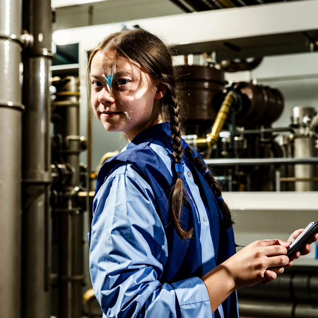 Candid photo of Greta Thunberg looking smug and self-important, dressed as a scientist working for an oil company --style raw --s 0 --ar 10:16 --v 6.0