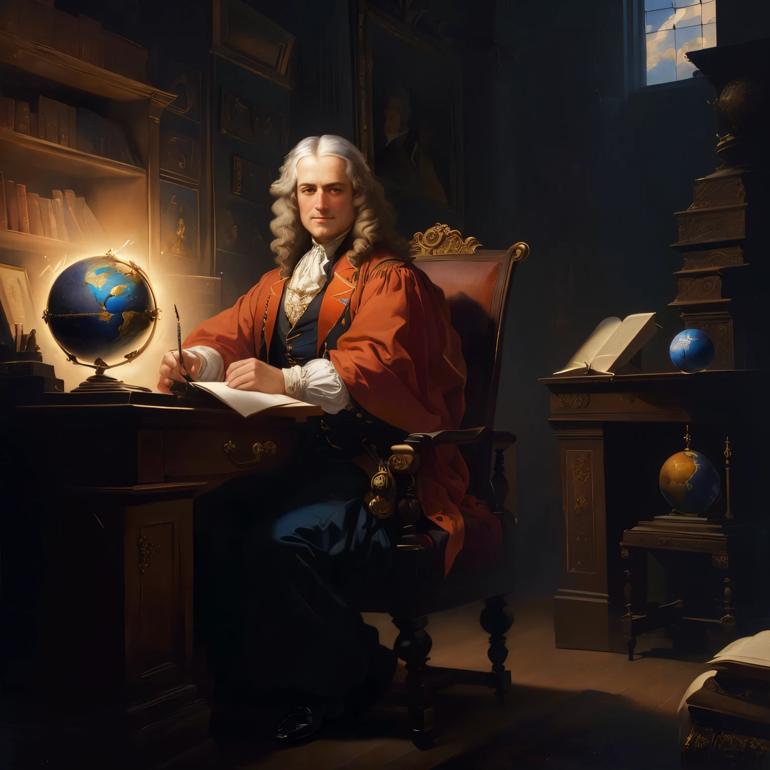arafed painting of a man sitting at a desk with a globe, isaac newton, science painting, academic painting, sebastian pether, philosopher, portrait of professor sinister, by Emanuel de Witte, by Titian Peale, by Raphaelle Peale, by Christopher Wren, by Rubens Peale, portrait of isaac newton, full portrait, by Rembrandt Peale